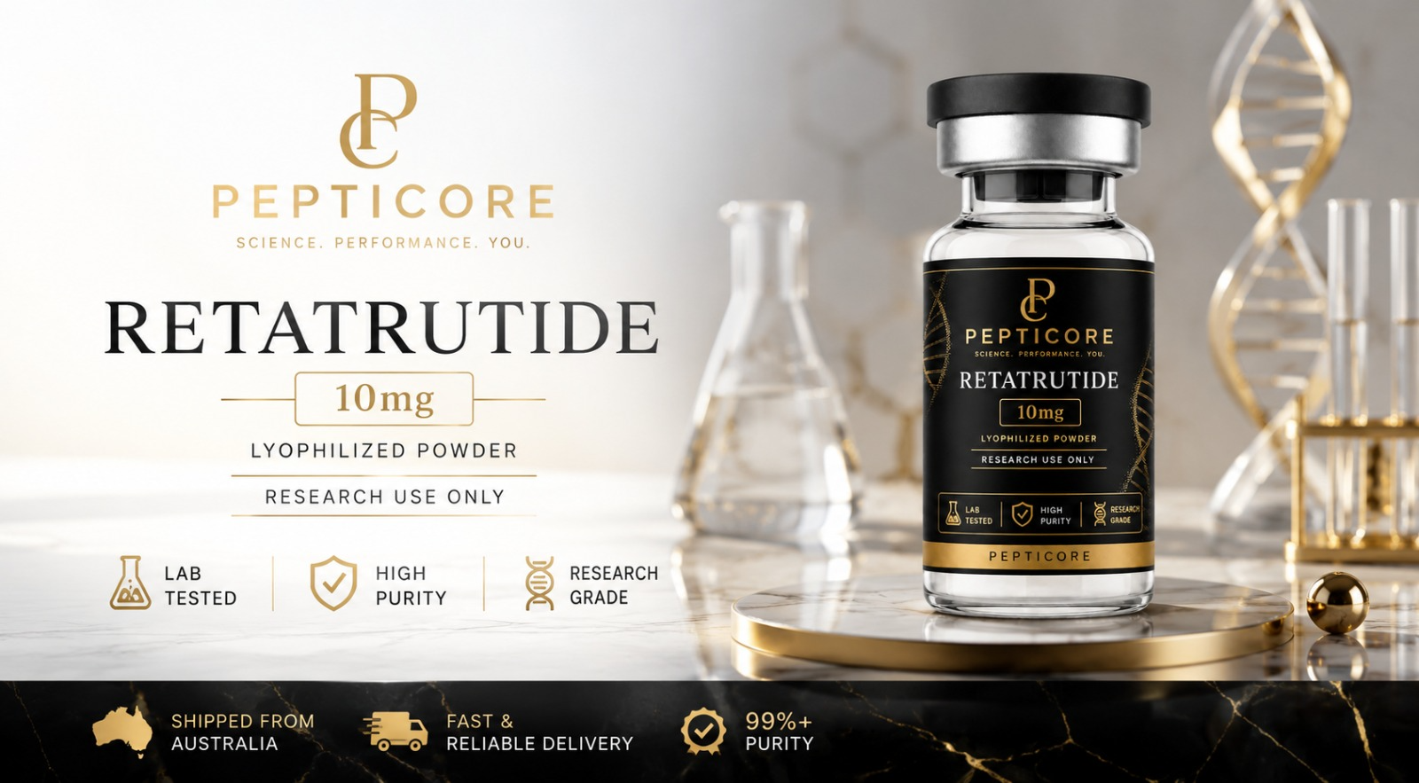Pepticore Australia — 99%+ purity research peptides, HPLC-MS verified, same-day dispatch Australia-wide